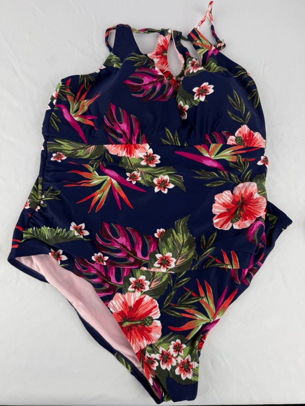 Kona Sol Navy One-Piece Swimsuit with Pink & Green Tropical Floral Print
